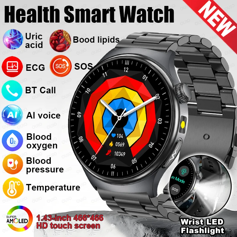 

NEW ECG+PPG Smart Watch 1.43inch 450mAh Blood Pressure Body BMI Blood oxygen Temperature Remote Care IP68 Waterproof Smart Watch