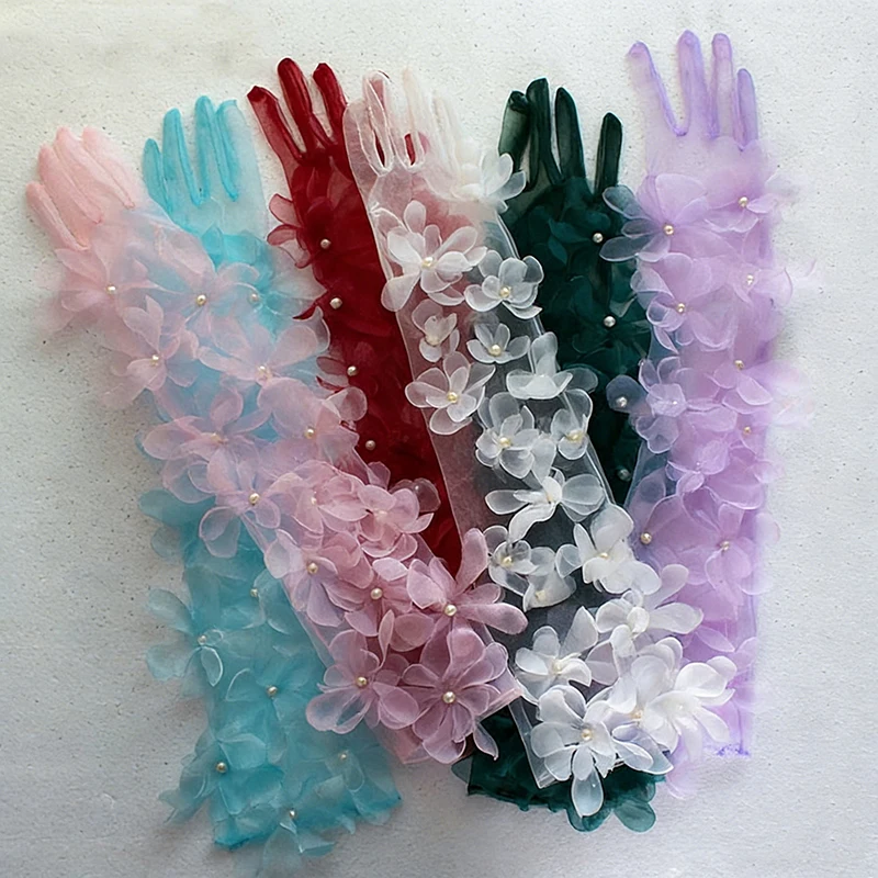 

55cm Bridal Floral Lace Long Gloves Women's Transparent Mesh Pearl Elegant Tea Party Wedding Prom Dress Accessories Thin