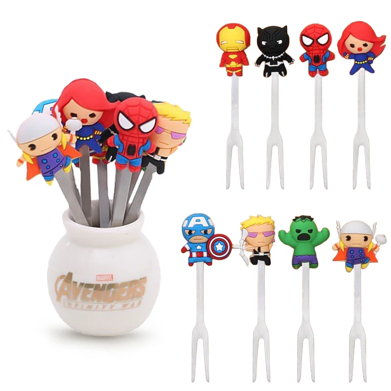 Couverts Disney Marvel Avengers, figurine de dessin animé Iron Man Spiderman Hulk, acier inoxydable et Silicone, fourchettes à fruits 8 pièces/ensemble