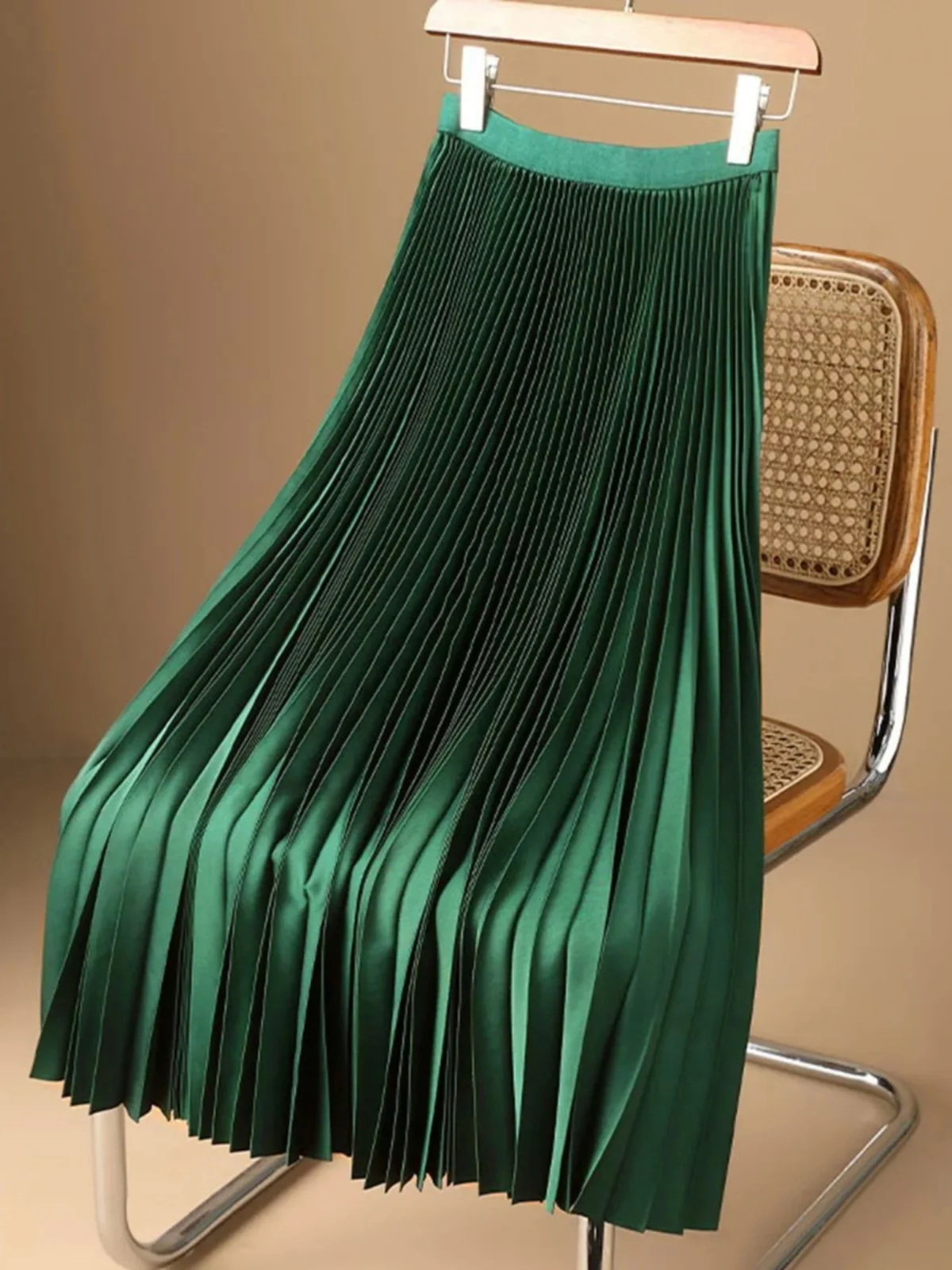 

High Waist Pleated Skirt Color A-Line Midi Skirt Women's Faion Spring Autumn Polyester Fabric Ele Simple Design