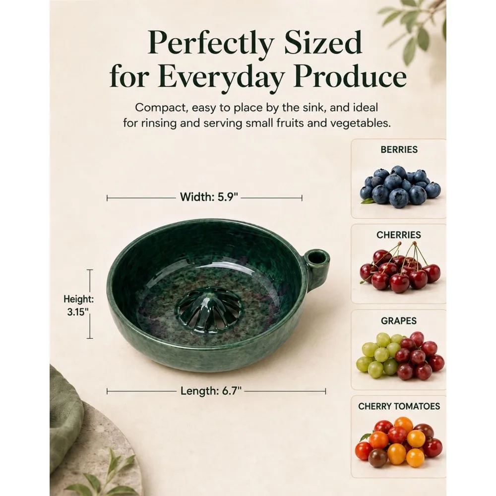 Ceramic Berry Washing Bowl Self Spinning Vortex with Holes Strainer Fruit Vegetable Washing