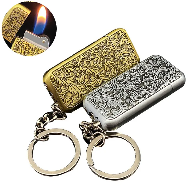 Portable Mini Retro Bronze Lighter Metal Keychain Grinding Wheel inflatable Lighter Cigarette Accessories Men's Gift