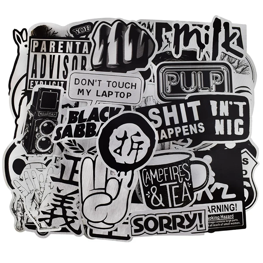 50 PCS Metallic Style Black and White Sticker JDM Punk Graffiti Cool Stickers Toys for DIY Skateboard Laptop Waterproof Stickers