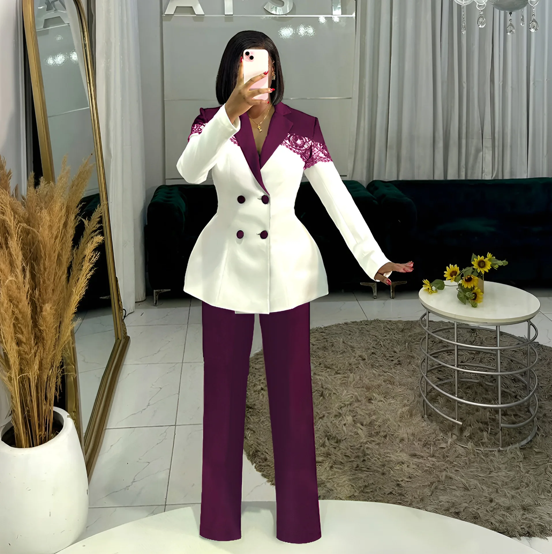 Two Pieces Women Pant Sets Spliced Matching Sets Lace Button Turn Down Collar Waist Cinchied Top Elastic Waist Pant 2026 Autumn