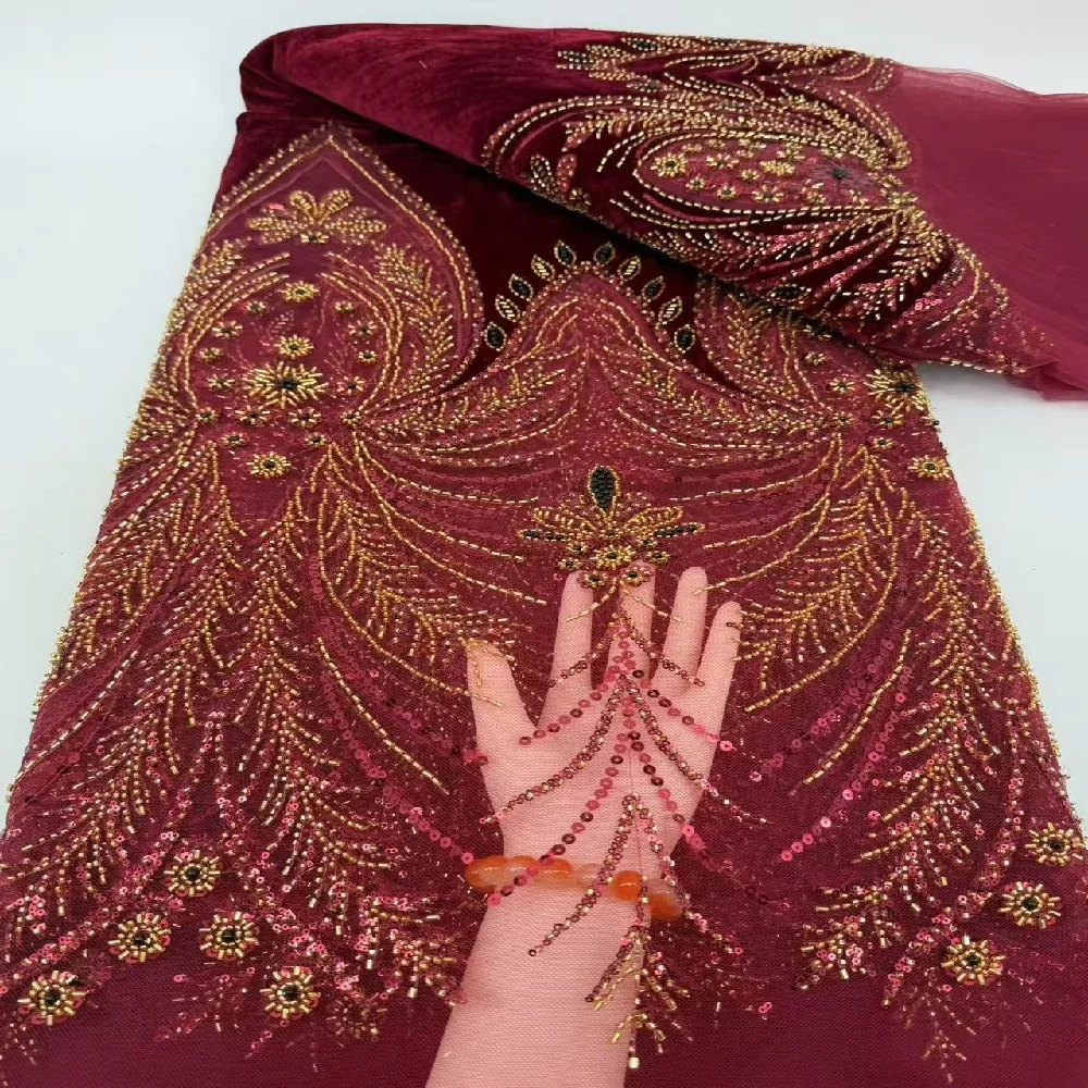 

Luxury African French VELVET Lace Fabric 2026 High Quality Beaded Nigerian Sequins Lace Fabric for Wedding Dress Sewing