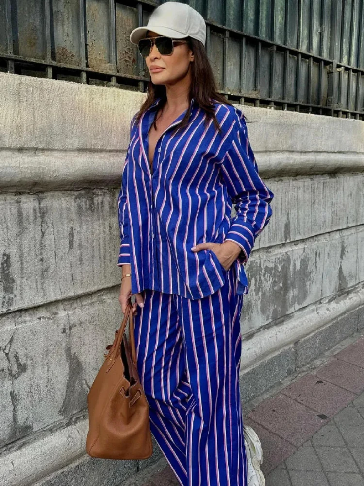 Summer Casual Women Striped Shirt Suit Long Sleeves Lapel Top Elastic High Waist Pockets Straight Leg Pant New Female Chic Set