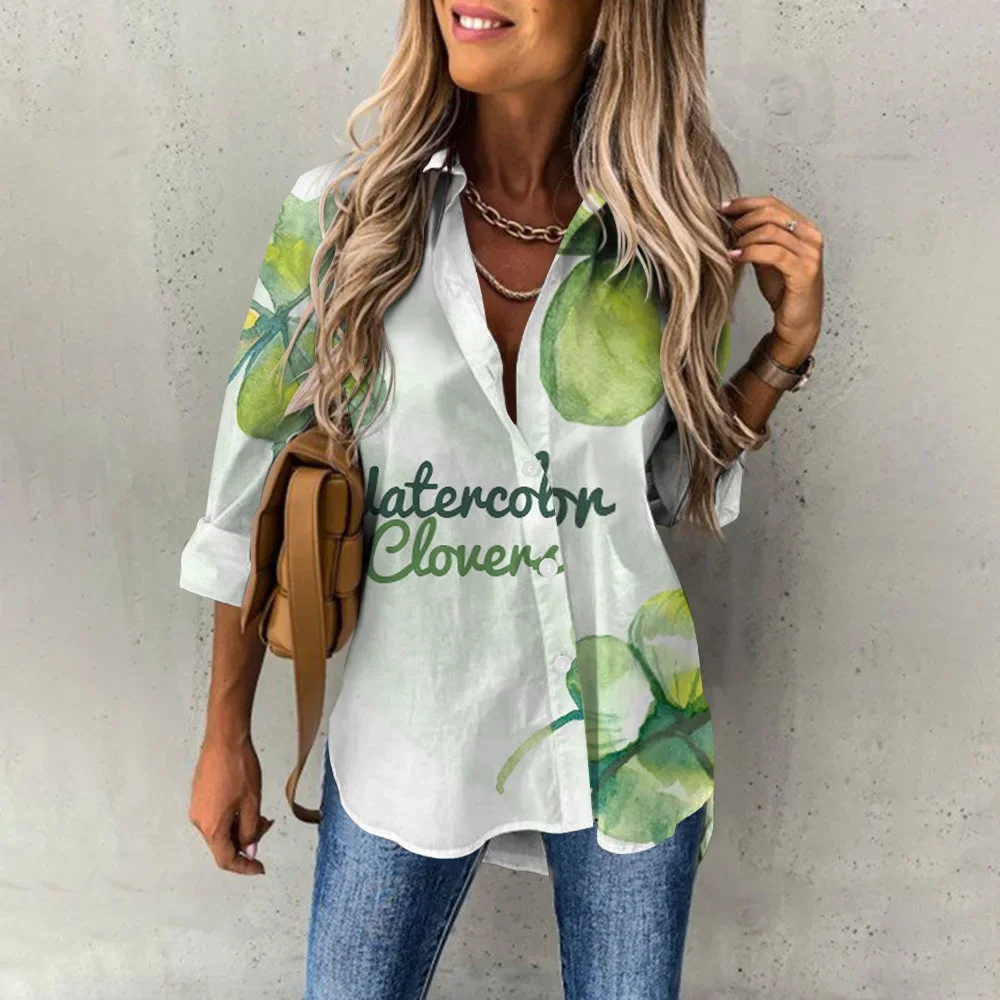 2024 Spring Women's Shirt Long Sleeve Fashion Street Lucky Clover Print Comfortable Casual Button Shirt Seaside Holiday StyleTop