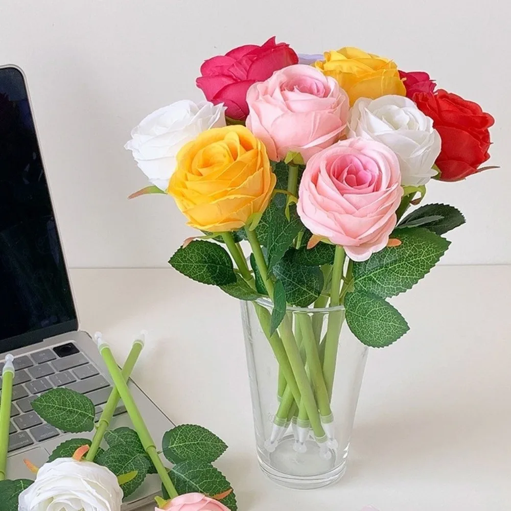 Fake Rose Artificial Flowers Ballpoint Pen Simulation Peony Writing Smoothly Neutral Gel Pens Desktop Ornament DIY Vase Decor