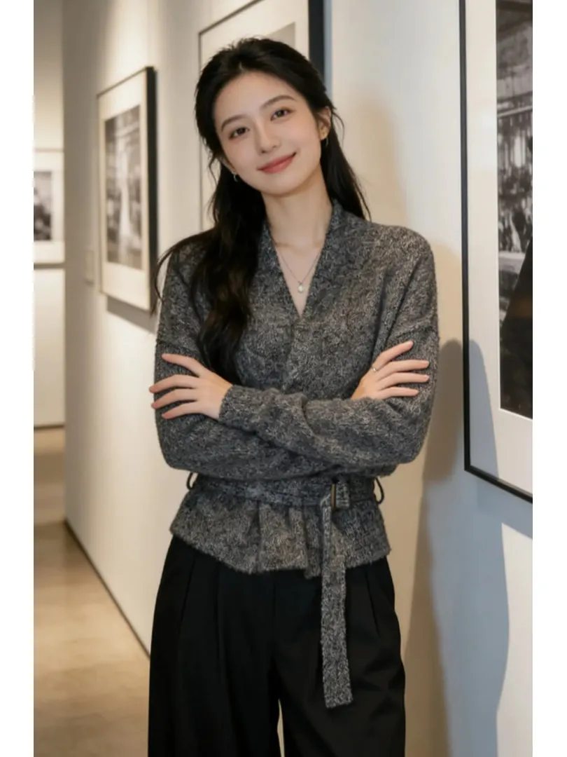 

Faionable Knitted V-Ne Open Cardigan Women's Spring Autumn New Unique Design Sensation Slimming Beautiful Sweater