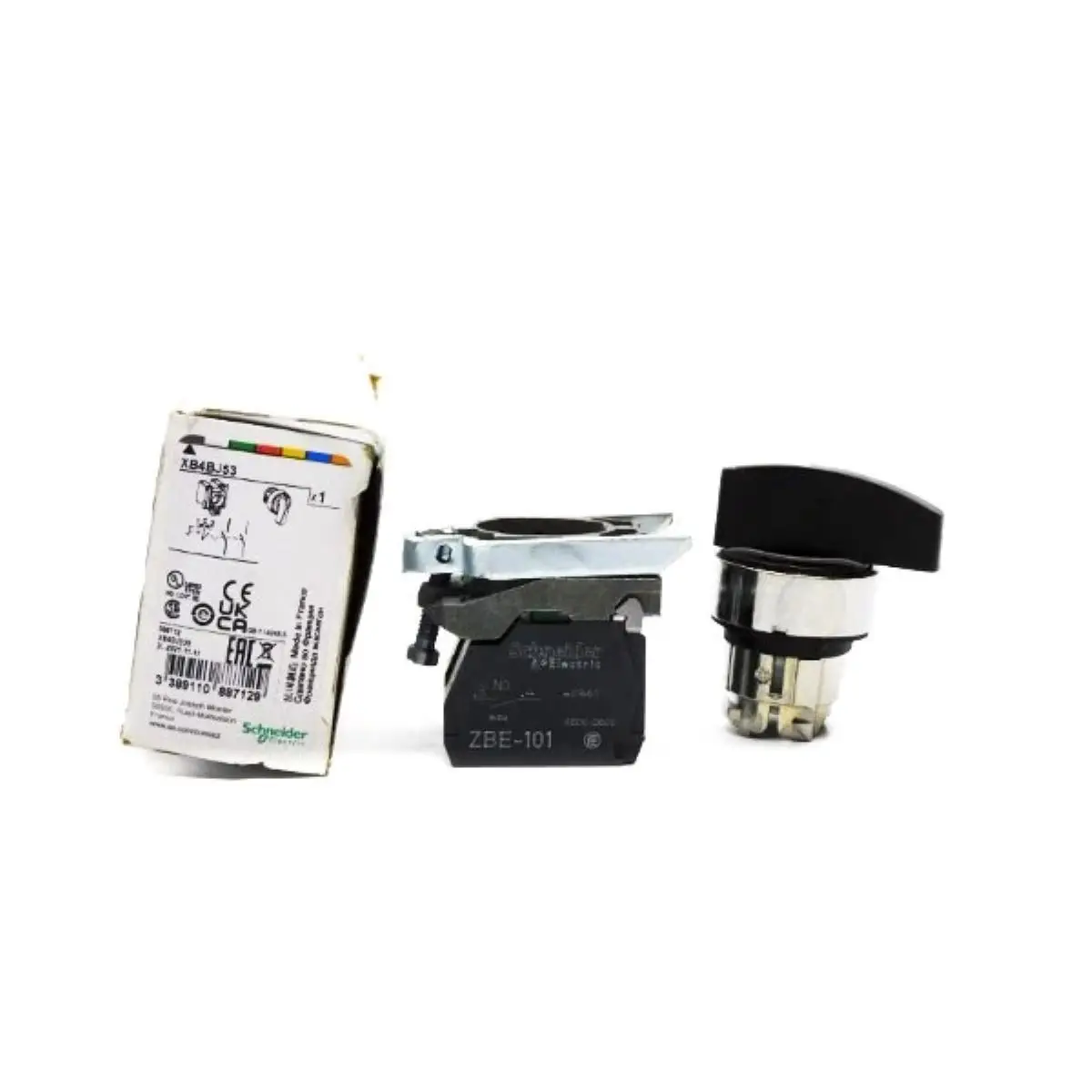 

XB4BJ53 = ZB4BZ103 + ZB4BJ5 Selector switch, metal, black, Ø22, long handle, 3 positions, spring return to center, 2 NO