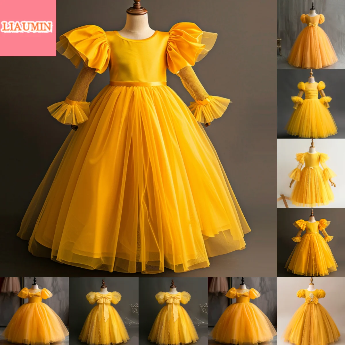 

New Yellow Tulle A Line O Neck Puffy Sleeve Full Length Flower Girl Dresses Brithday Party Princess First Communion Skirt W9-29