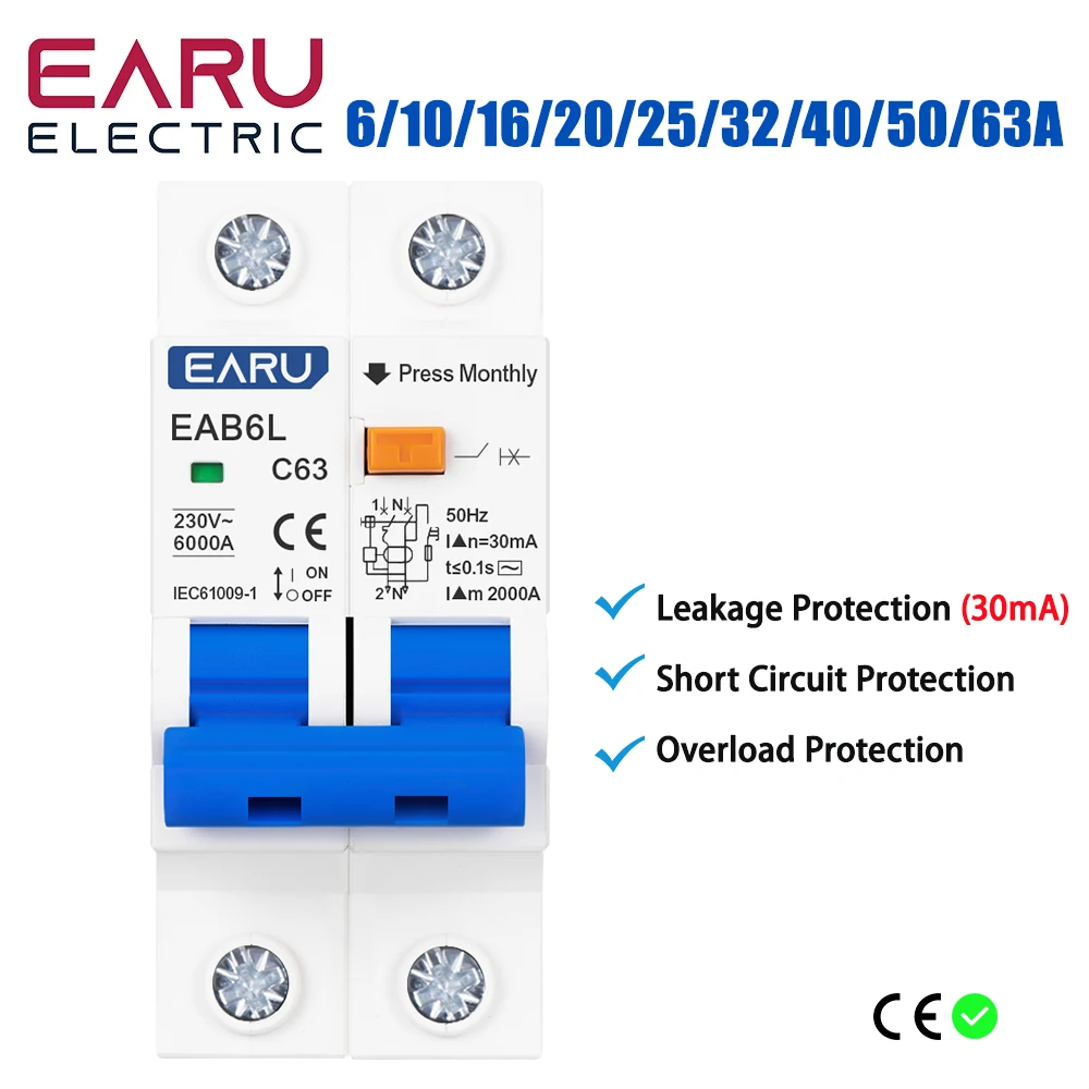 2P AC230V MCB Leakage Protector RCBO Overload Short Circuit Protection 2P 30mA Residual Current Circuit Breaker Switch RCCB RCD