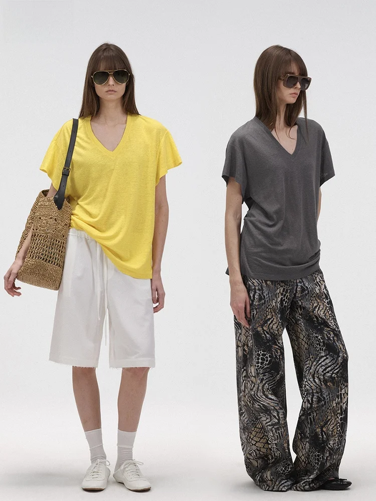 

ACSENSE STUDIO Lazy Day Cabbage Loose V-ne Linen ort Sve Tee Women's Casual Summer T-irt Moisture ng Regular Fit