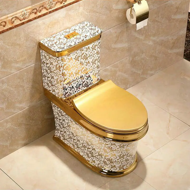 Artistic Golden One Piece Closestool Cyclone Fluishing S-Trap Floor Mounted Luxious Villa Bathroom Seat Toilet