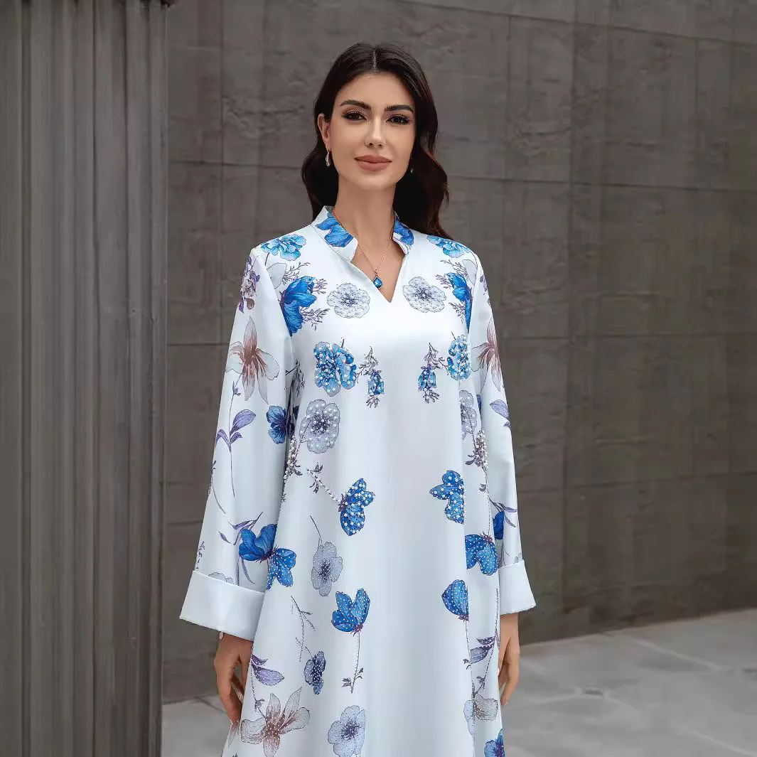

Middle East Dubai Muslim Women's Printed Robe Stand-Up Collar Dress Fashion Simple Temperament Elegant Holiday Style High-end Ba