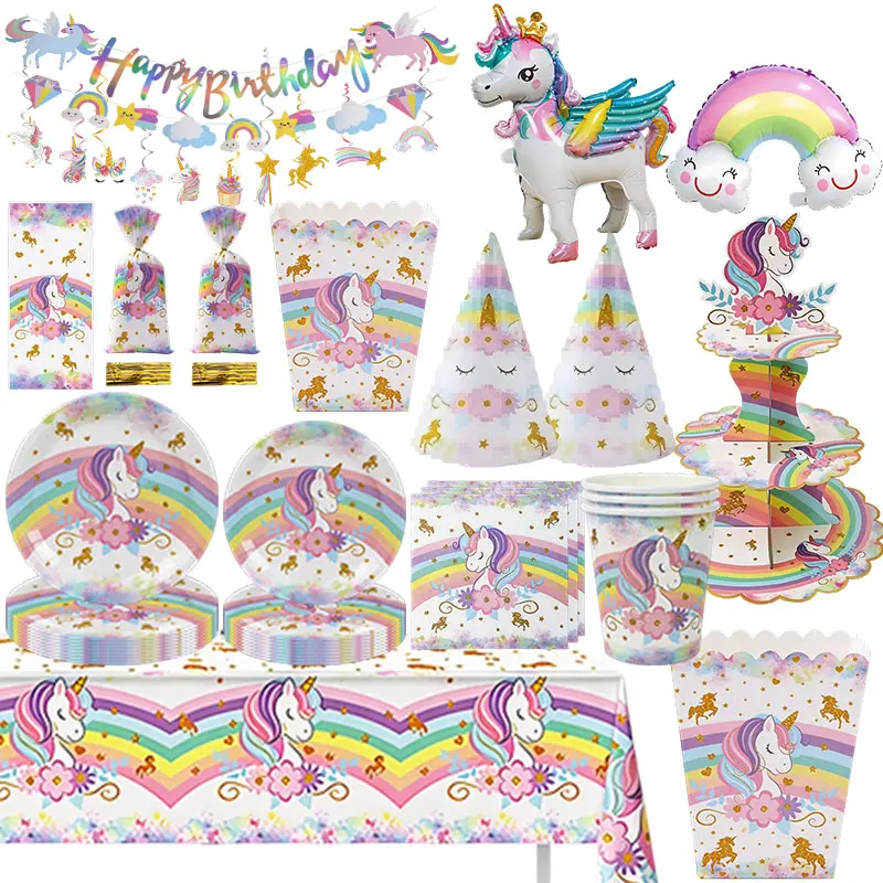 Decoração de Aniversário Unicórnio Arco-Íris: Kit Completo com Copos, Pratos, Guardanapos, Balões, Banner e Sacolas de Presente para Festa de Meninas