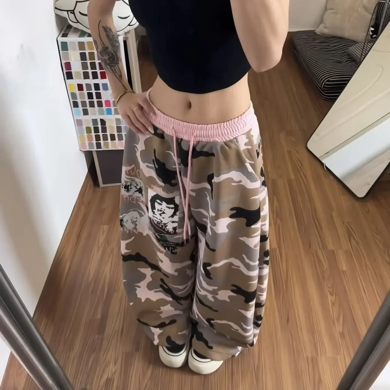 American street sweatpants women camouflage contrasting wide leg sweatpants loose drawstring casual floor pants women clothing