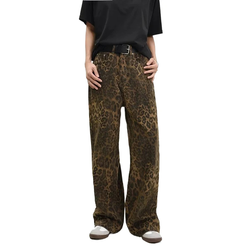 Tan Leopard Jeans Frauen & Männer Jeans hose weibliche übergroße Hose mit weitem Bein Street Wear Hip Hop Vintage Baumwolle locker lässig