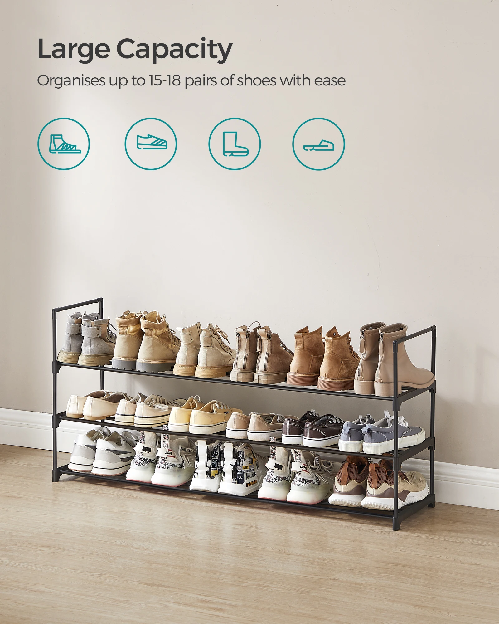 SONGMICS Shoe Rack, 3 Tier Shoe Organizer, Metal Shoe Storage Shelf for 18 Pairs of Shoes, Easy to Assemble, Entryway image 3