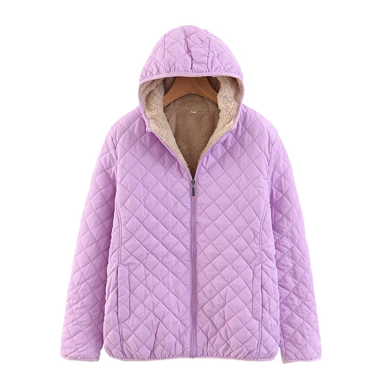 Fashionable and Casual Slim Fit, Slimming Plaid Lamb Wool Hooded Closure, Thickened Warm Cotton Jacket for Women, Plus Size