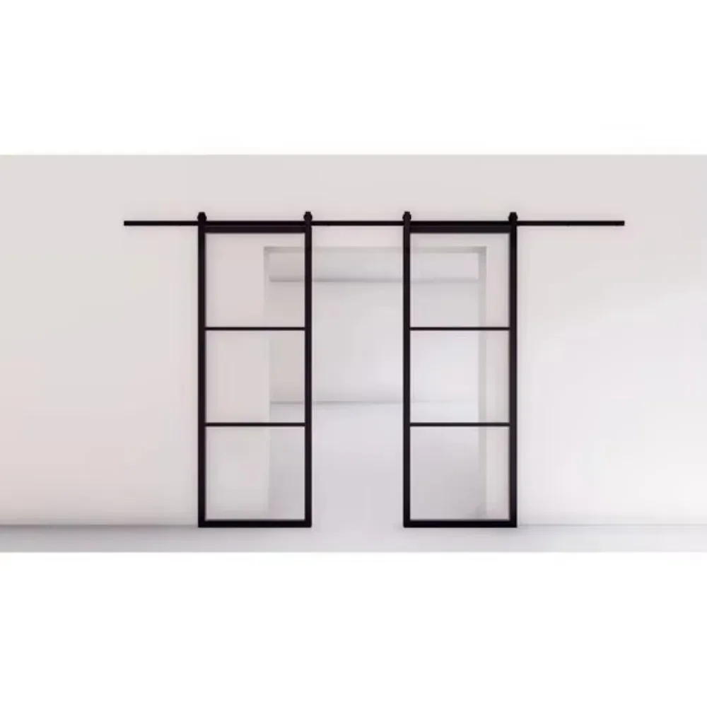 Steel Glass Sliding Barn Door, Modern French Door, Paneled Frosted Glass Carbon Steel Frame Sliding Closet Kitchen
