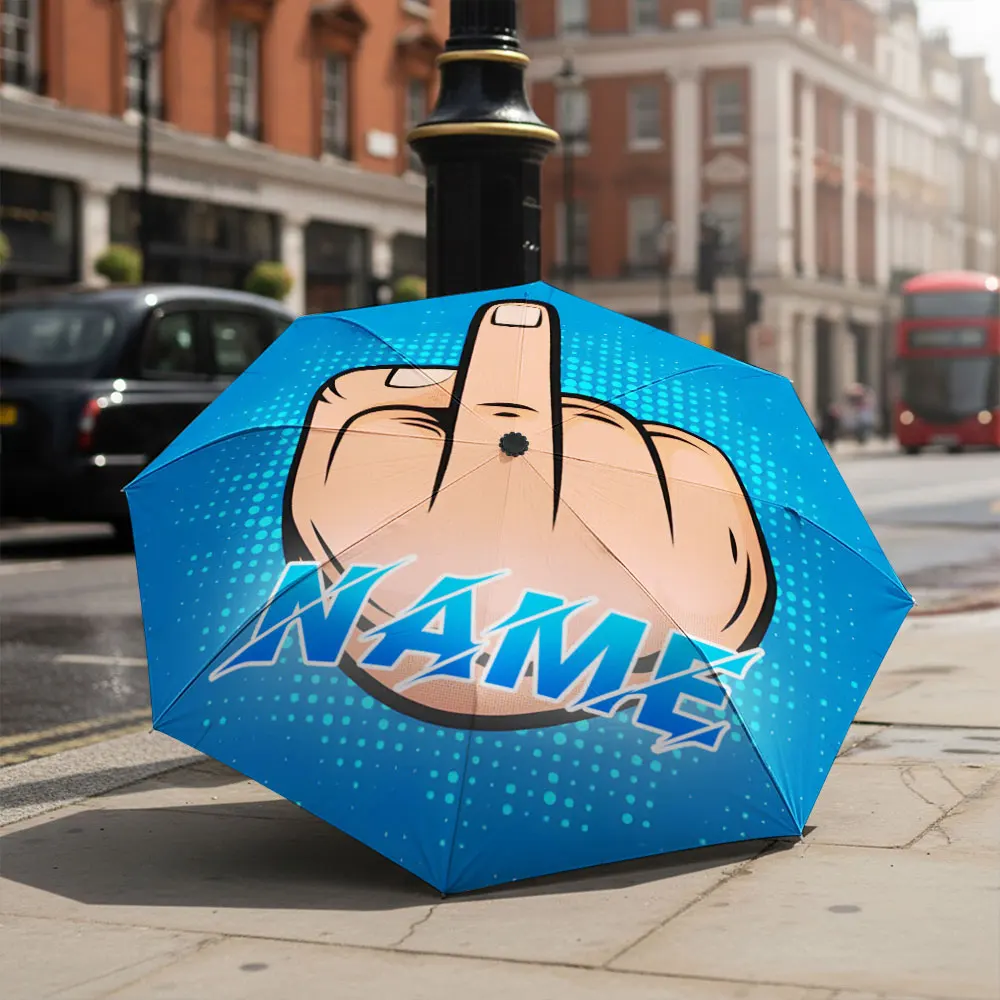 Custom Name umbrella, Bold Comic Style Blue Umbrella with Unique Hand Gesture Print Folding Umbrella for Sunny and Rainy Days