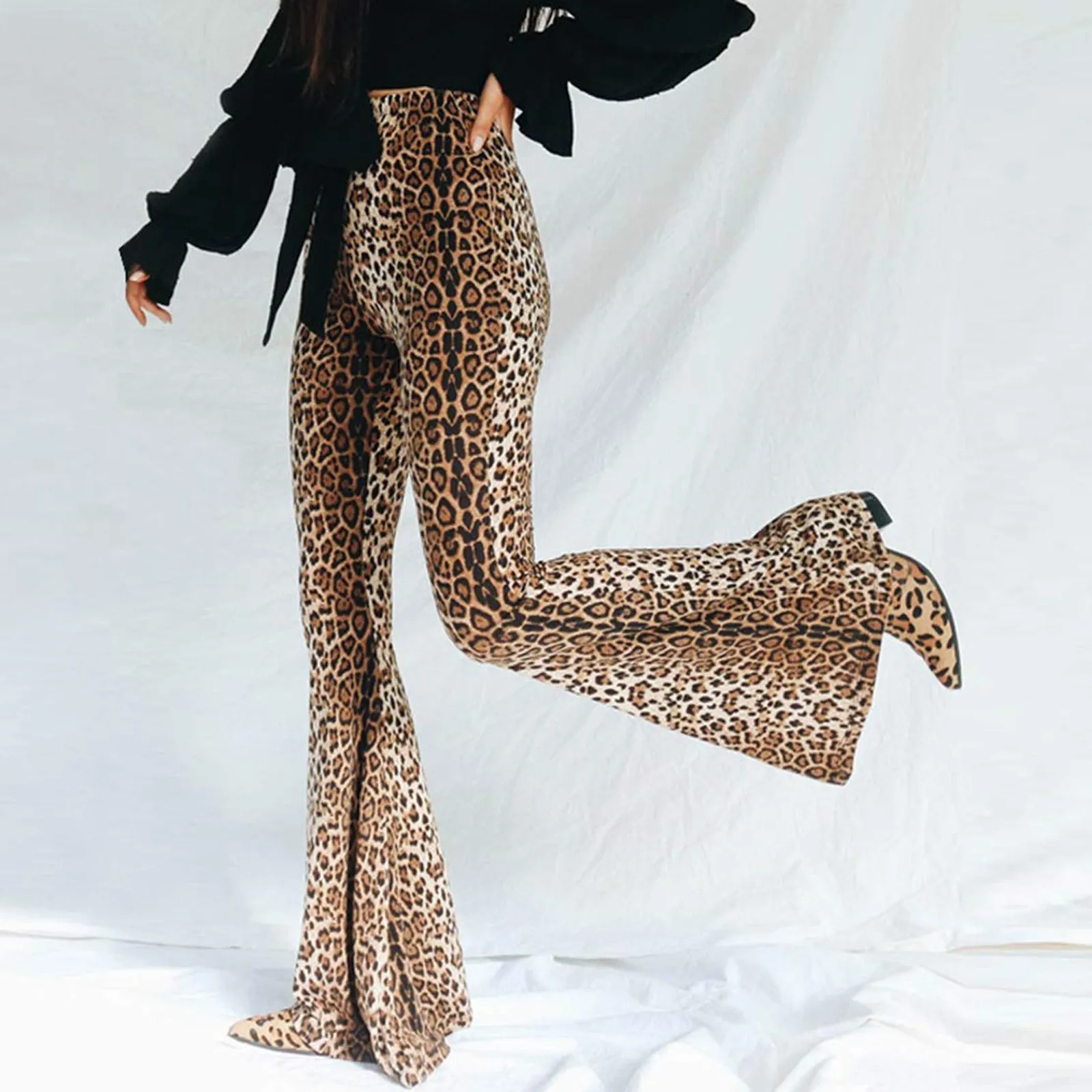 

American Style High Street Women Y2K Retro Hot Girl Leopard Print Long Pants Sexy High Waisted Slim Dragged Flared Pants