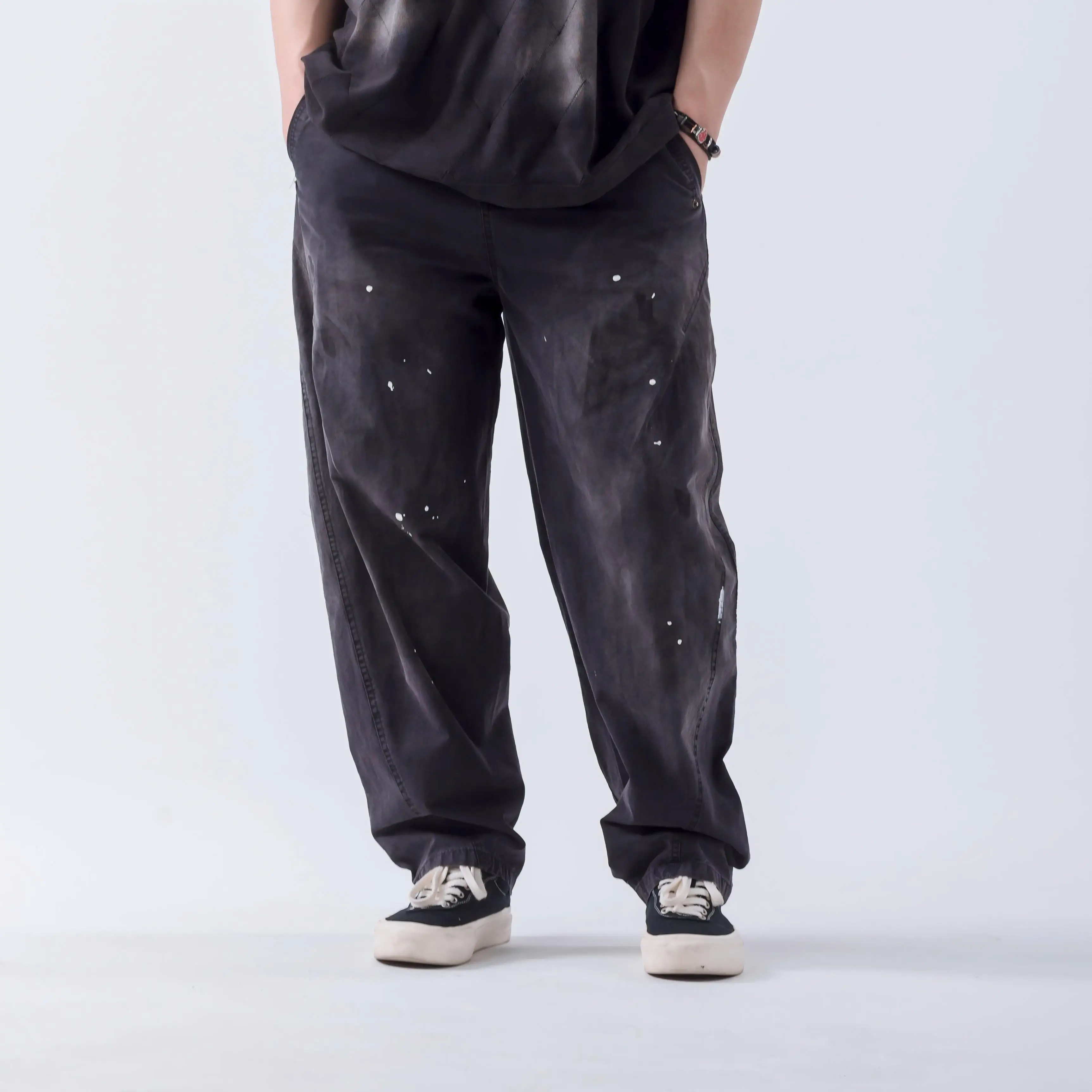 100% Cotton Vintage Elastic Waist Distressed Splatter-paint Retro Long Pants Casual Curved Machete Pants Wide Leg Work Pants