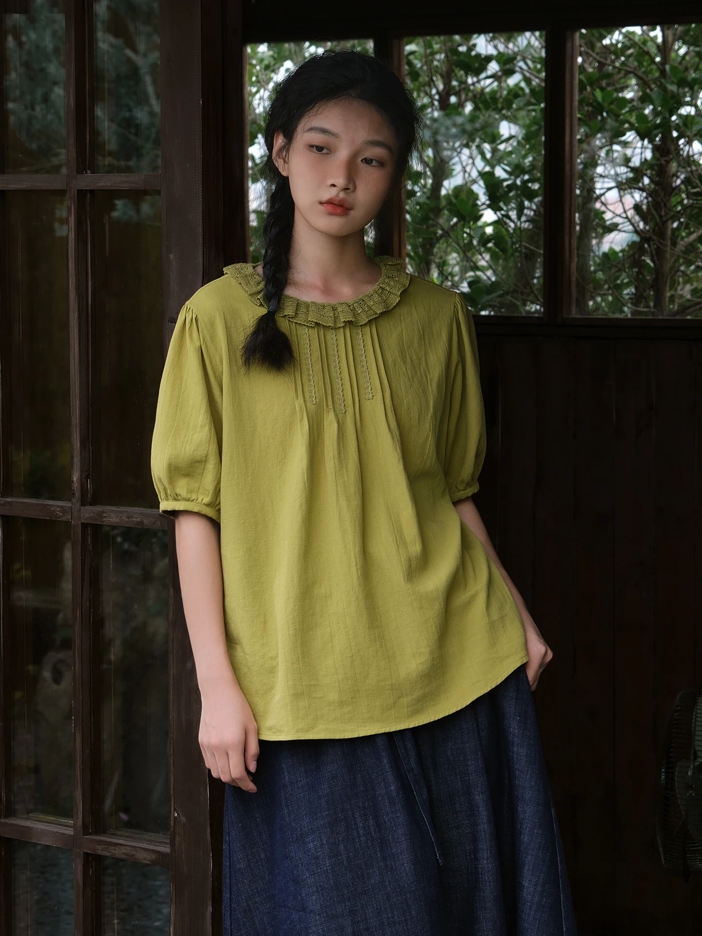 Original Forest System Retro Green Pure Cotton Shirt Women Short Sleeve Ruffle Collar Loose Bubble Sleeve Top Summer