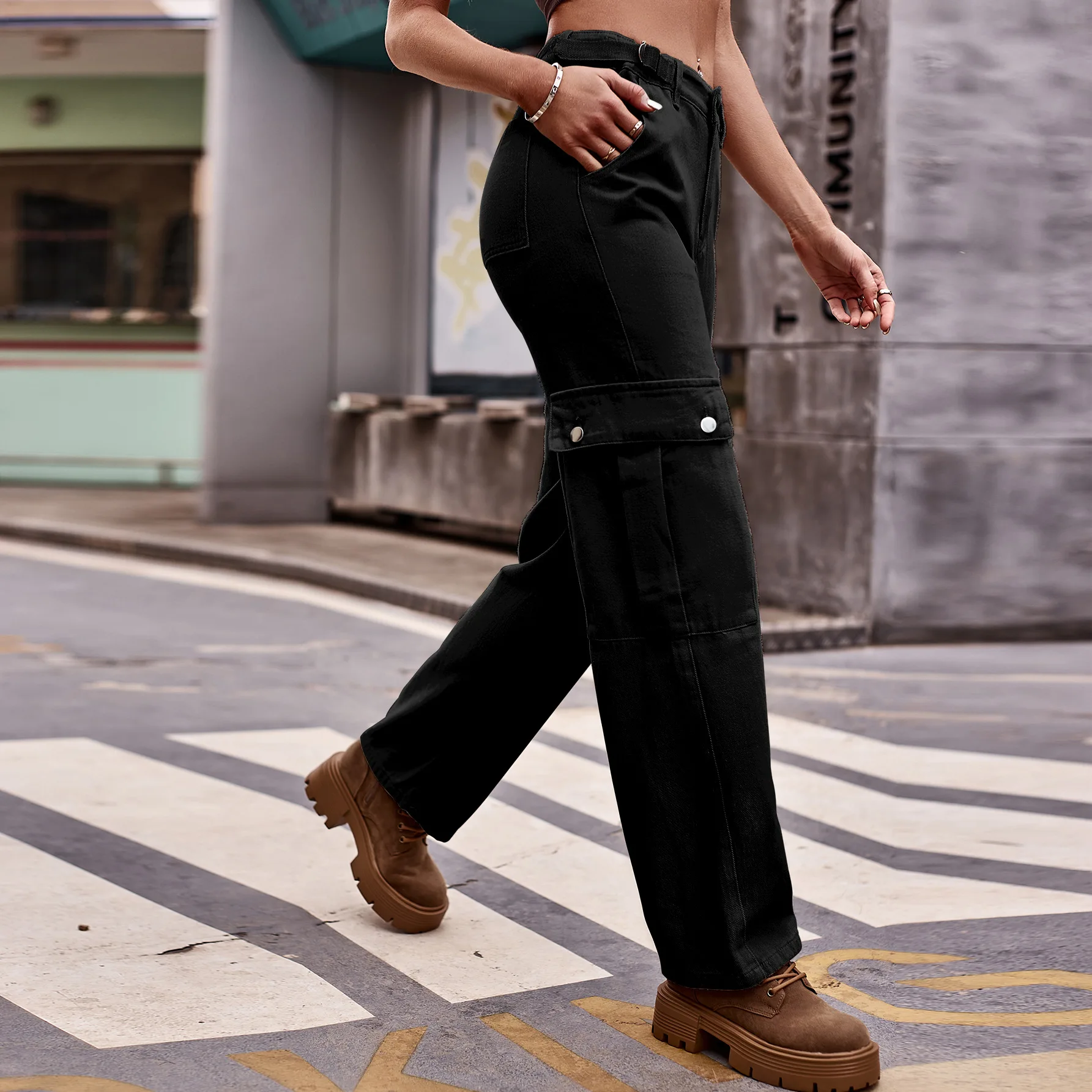 Pantalones vaqueros Cargo de cintura media para mujer, ropa de calle femenina con bolsillos, botón y cremallera, rectos, Vintage, 2024