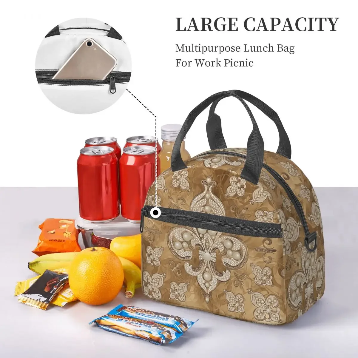Fleur-de-lis Luxury Pearl And Gold Insulated Lunch Bag for Women Kids Portable Food Boxes Thermal Lunch Box Tote