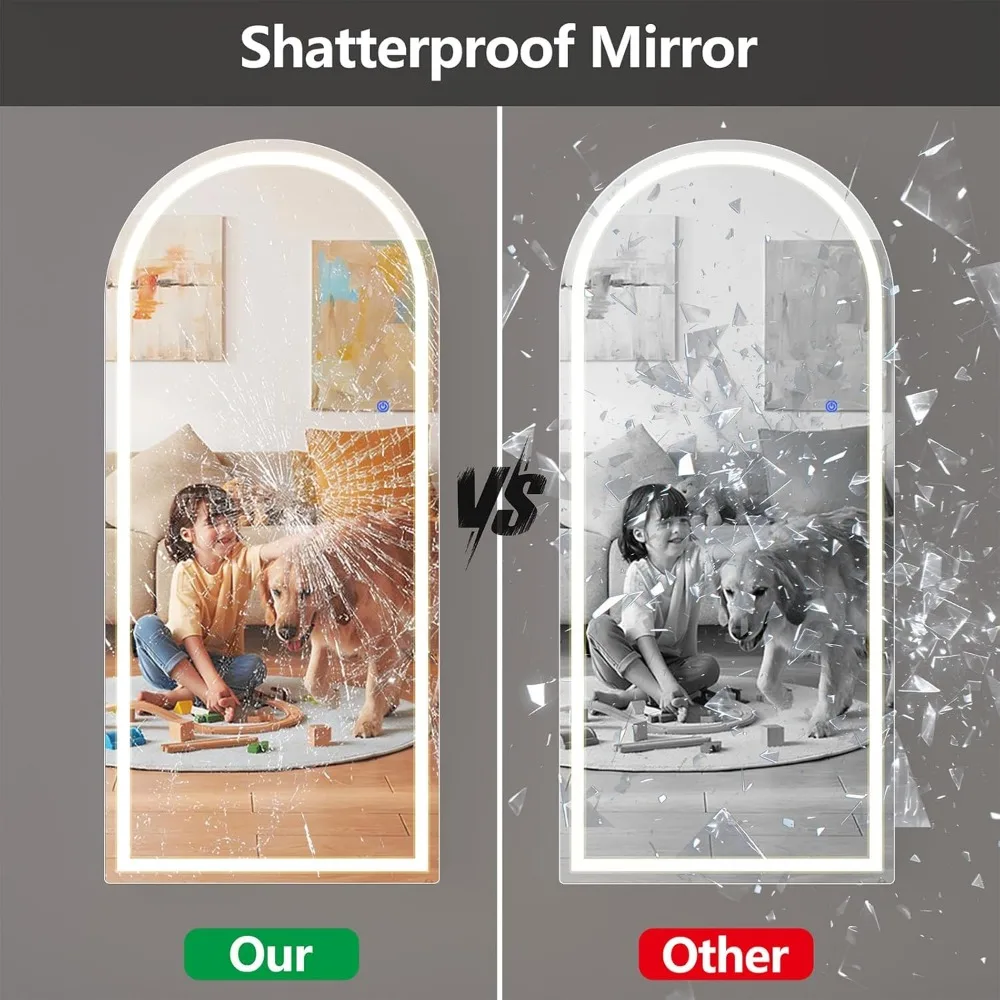 Illuminated Arched 65 x 24 Full-Length Mirror with Adjustable Dimming and Multi-Color Lighting, Shatter Resistant, Versatile for