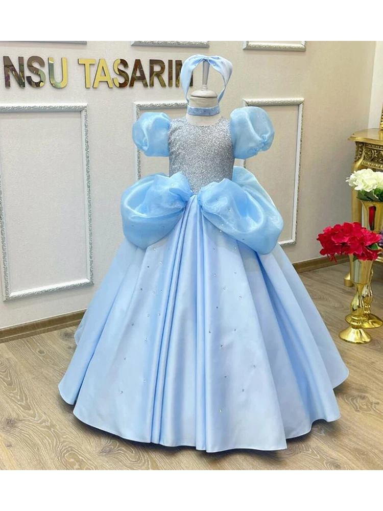 Blumen mädchen Kleid für Hochzeit blau Satin geschwollene O-Ausschnitt kurze Ärmel Prinzessin Kleid Kinder Party Geburtstag Erstkommunion Ballkleid