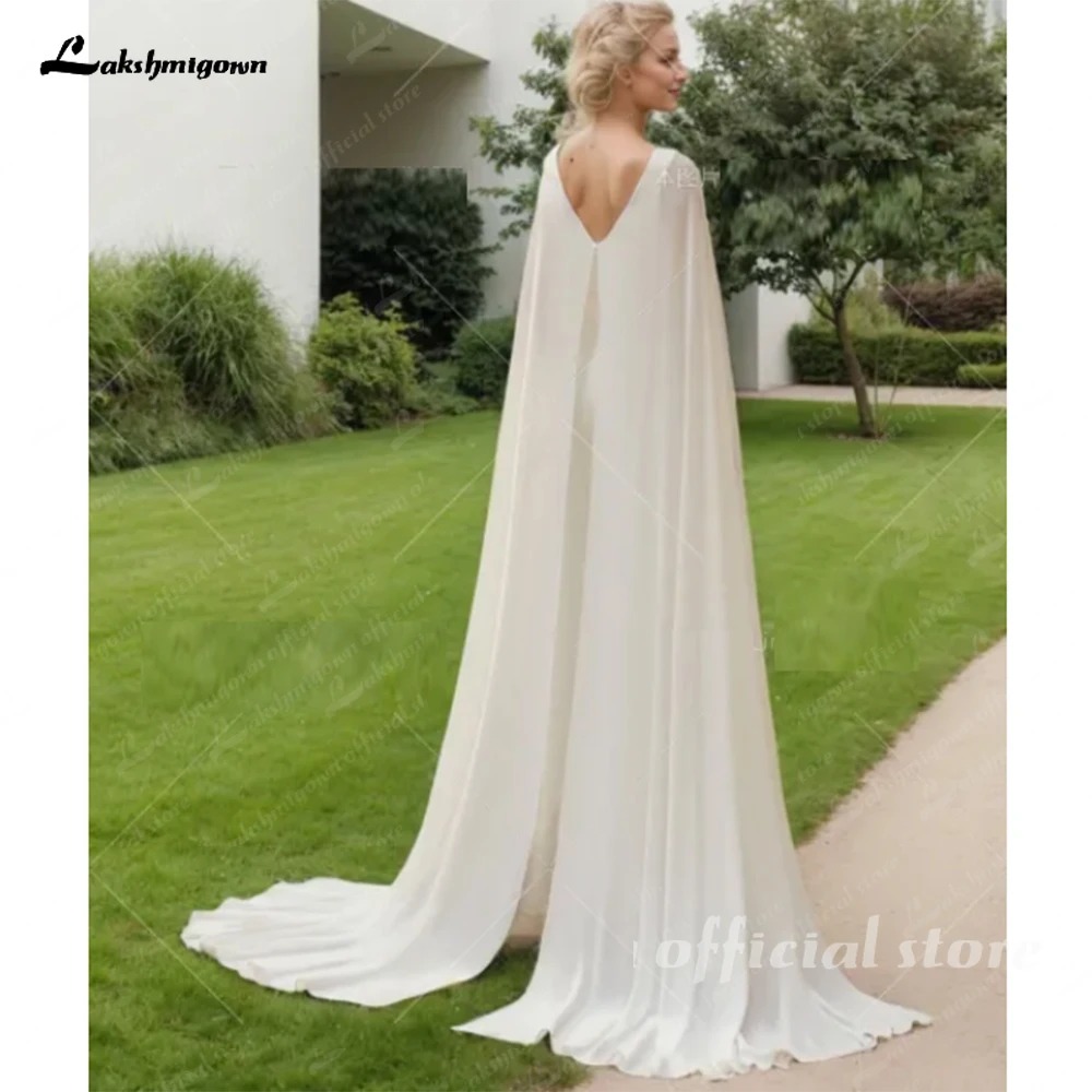 Lakshmigown Customized Ivory Jumpsuit Wedding Dress with Cape Pants Suit V Neck Sexy Bride Dress With Pants Outfits