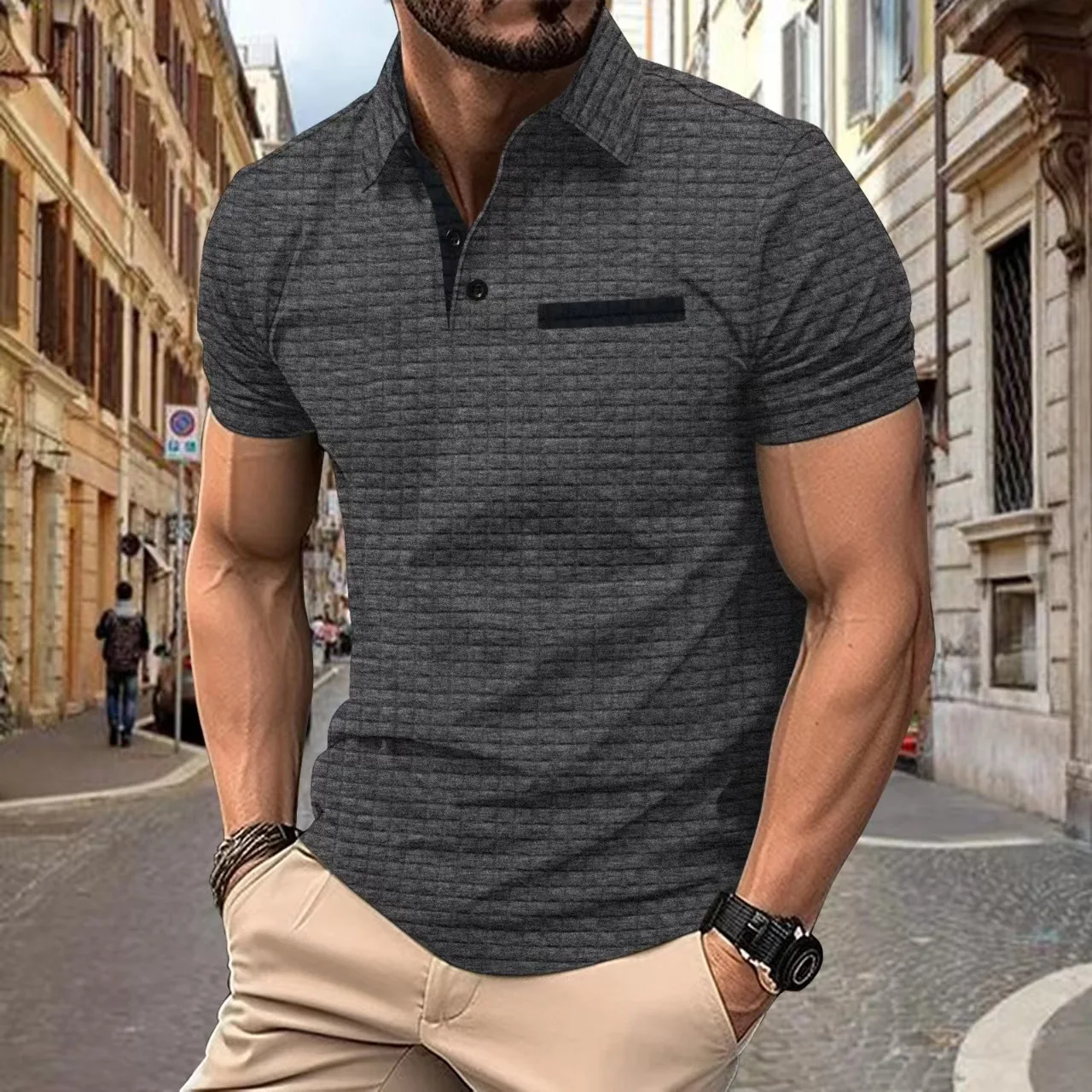 Euro-american 2024 summer POLO shirt with jacquard check lapel Men\'s sports fitness trend short sleeve T blood