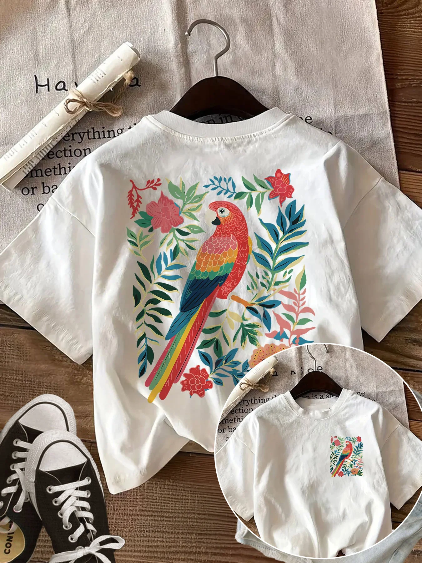 Tropical Parrot Flower Graphic T Shirt Women Summer Casual Short Sleeve Crew Neck Loose Tee Vintage Macaw Bird Harajuku Top