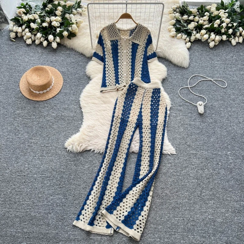 

Fashion two piece set women's simple hollow out contrasting color polo collar short sleeved top+high waisted slim fit pants