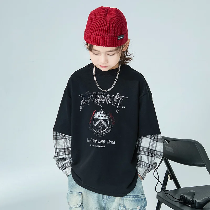 Cool Kids Tops Cotton Sweatshirt Korean Fake 2 Pieces Outerwear Fashion Casual Spring Autumn Big Boy Child Long-Sleeved Clothes - view 6