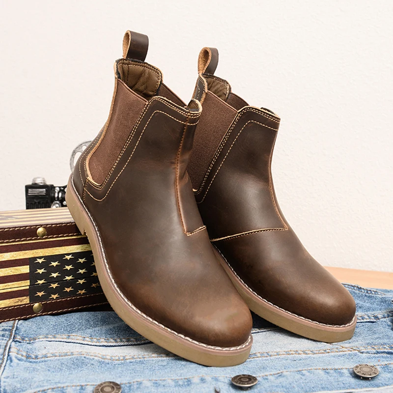 Retro British Style Chelsea Boots Genuine Leather Mid-Calf Motorcycle Boots Men's Vintage  Boots High-Cut Casual Motorc...