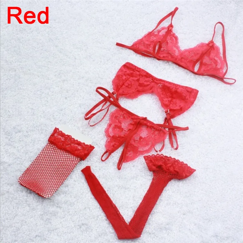 Conjunto de lencería sexy para mujer, 3 piezas, sujetador y bragas, conjuntos de ligas, medias de red tentación, trajes de tanga