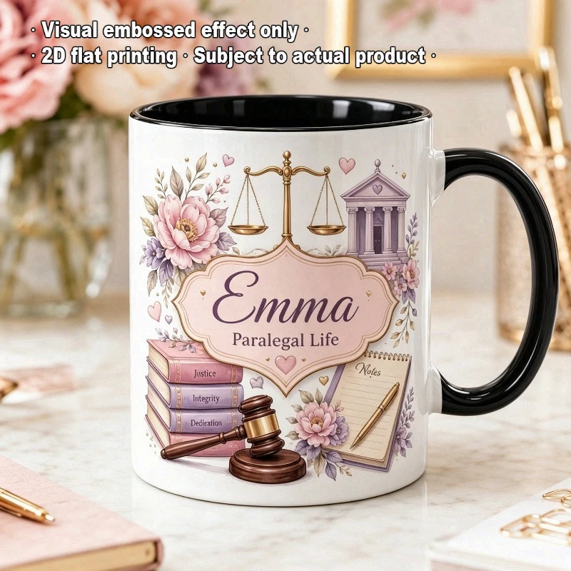 Floral Legal Assistant Custom Name Mug Scale Gavel Book Pattern 2D Printed Gift for Female Legal Professional Lawyer Office Home