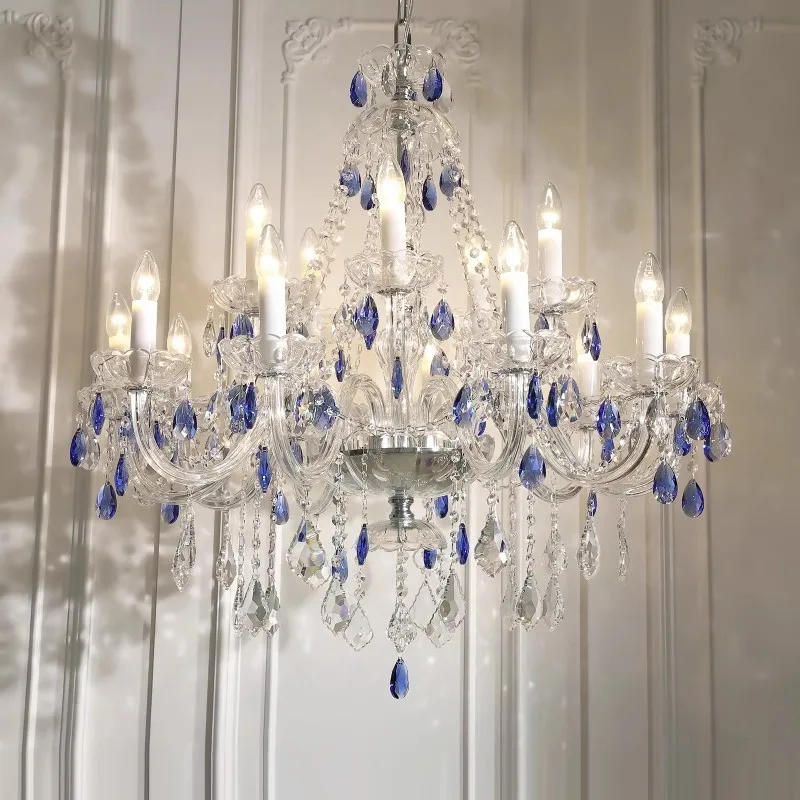 

French Blue Romantic Crysatl Chandeliers Light Luxury Glass Living Room Art Decor Candle Pendant Lights Lighting Bedroom Lamps