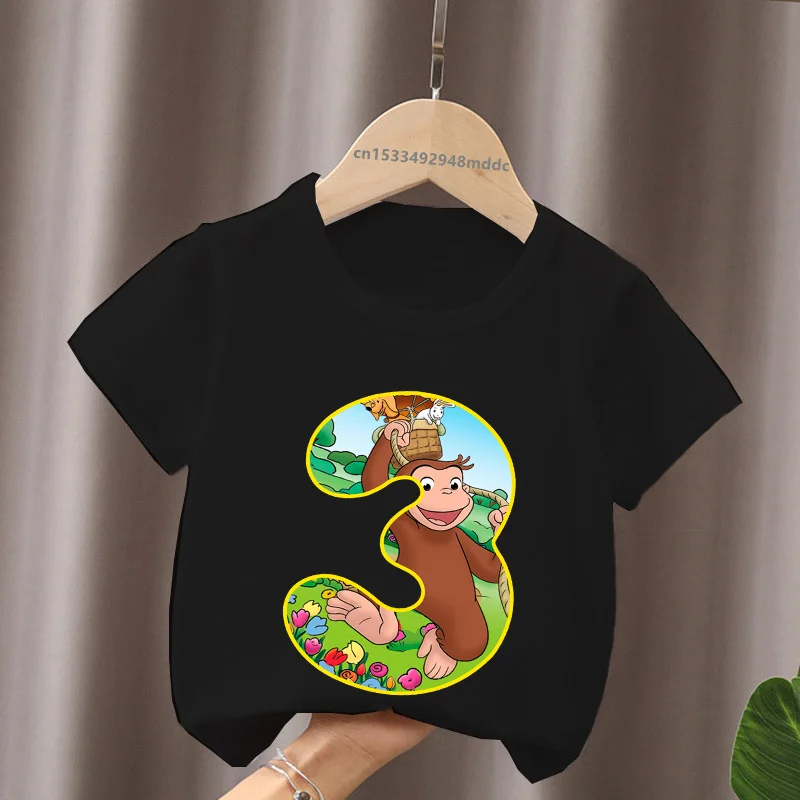 Curious George Monkey Print Number Cartoon Kids T shirt 1 2 3 4 5 6 7 8 9 Years Birthday Baby Boys T-Shirts Funny Girls Clothes