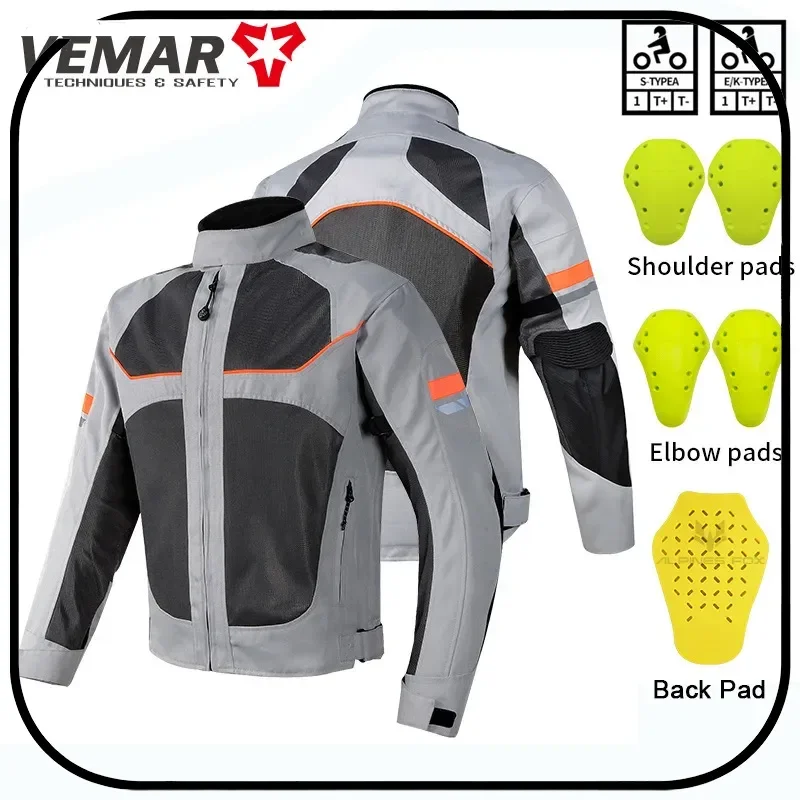 

VEMAR Men's Summer Motorcycle Jacket Mesh Breathable Stand Collar Night Reflective Shockproof With Shoulder Elbow Back Protector