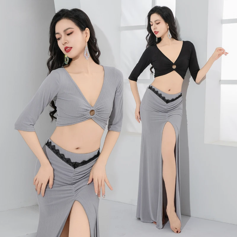 Belly Dancing Practice Clothes Women's Half Sleeve V-neck Top+Sexy Long Skirt 2pcs Oriental Dance Professional Training Clothing