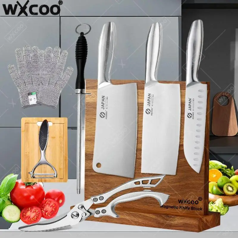 WXCOO Japanische Küchenmesser Massivholz Magnetblockhalter Hohlgriff Hackmesser Kochen Fleischbeil Obstmesser