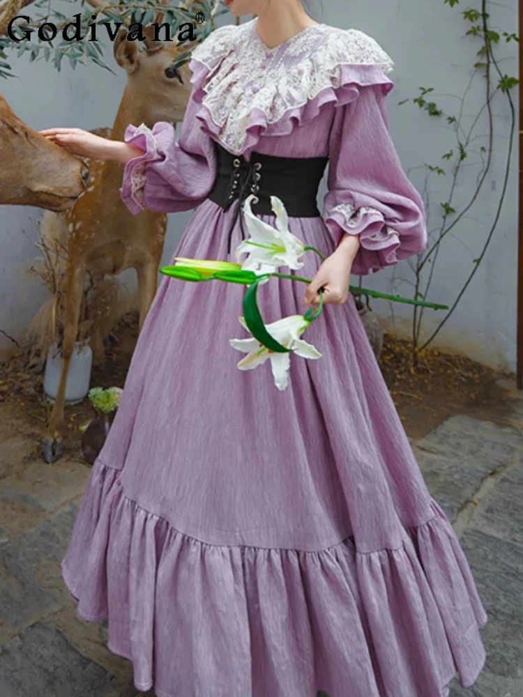 

Spring Autumn Elegant Court Vintage Lace Ruffles Lantern Sleeves Dress High Waist Fashion A-line Purple Big Swing Long Dresses