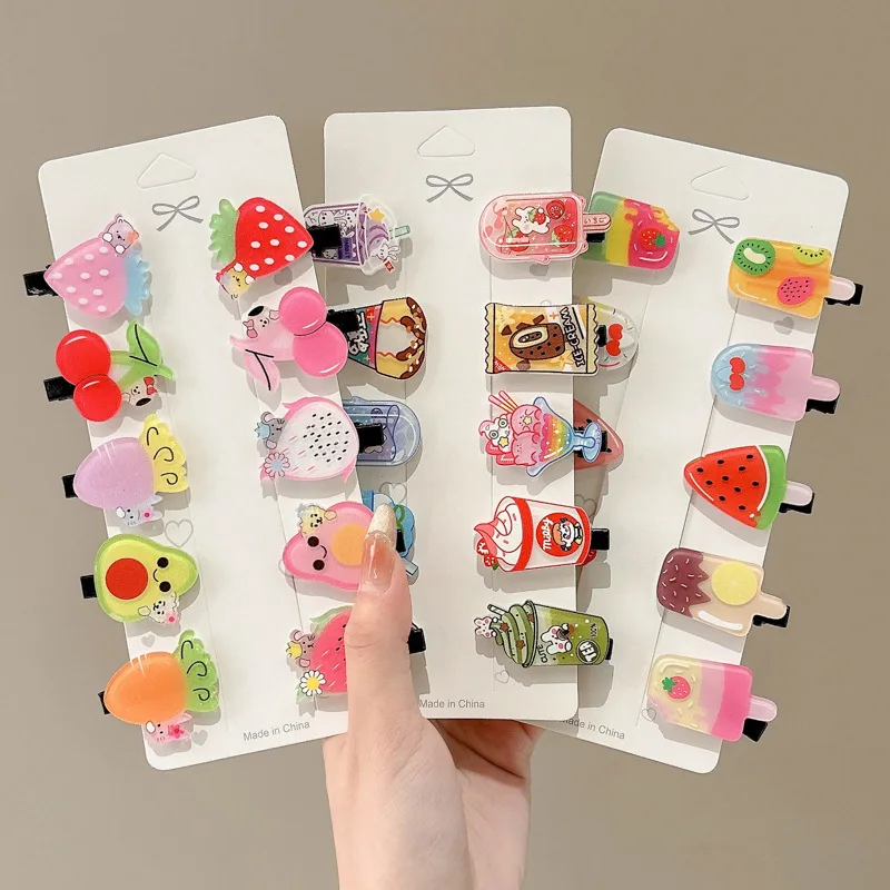 10pcs/set Candy Color Hair Clips Cute Cartoon Ice-cream Fruit Designs Barrettes Summer Dopamine Hairpins Kid's Lovly Headwear