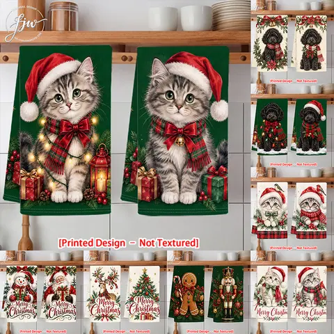 2pc Christmas Cute Pet & Holiday Theme Printed Towels Set for Kitchen Home Decor