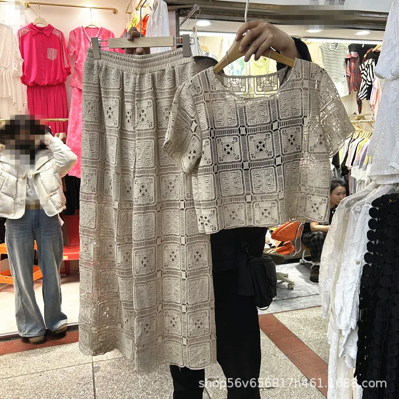 

Летние женские полые кружевные рубашки с цветами, вязаная крючком блузка с цветочным принтом, топы с короткими рукавами + широкие брюки с эластичной резинкой на талии, комплект из 2 предметов